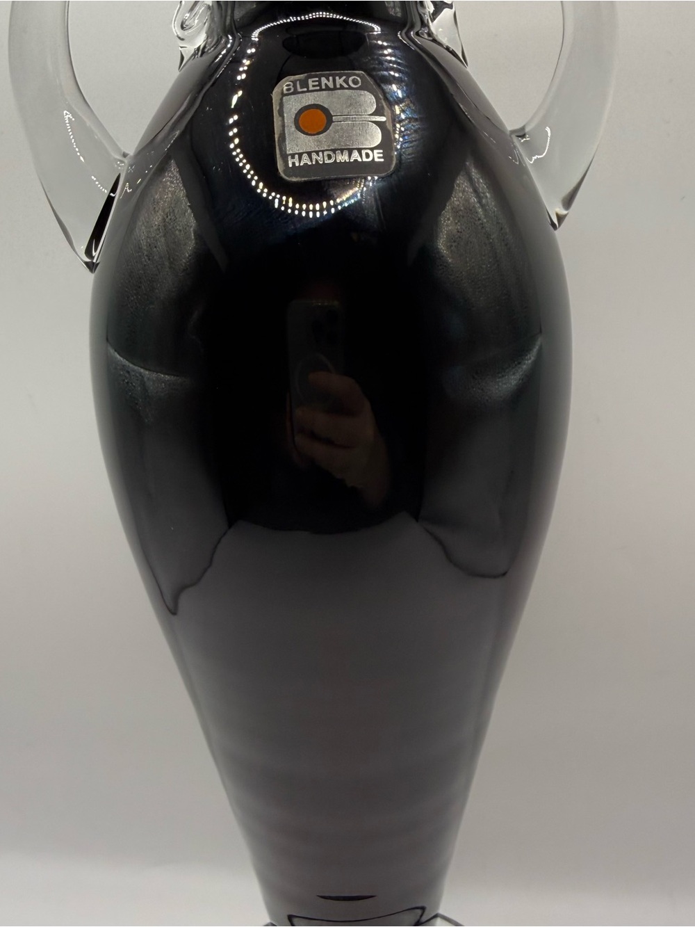 Blenko Urn Black Handblown Glass Vase with Clear Handles - Picture 4 of 16